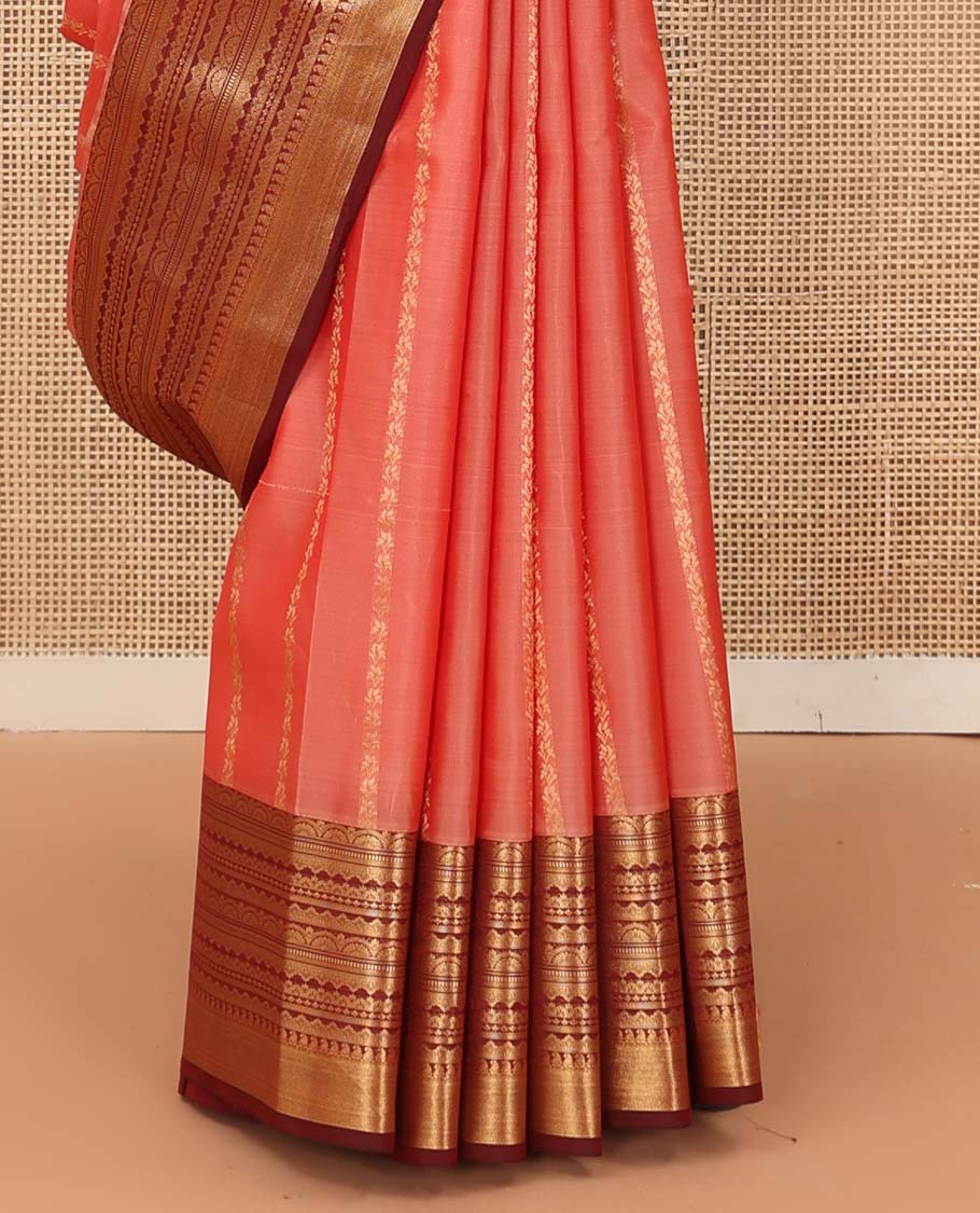 Peach zari stripes Vasundhara silk mix saree, contrast traditional scallop zari border, and jaal pallu