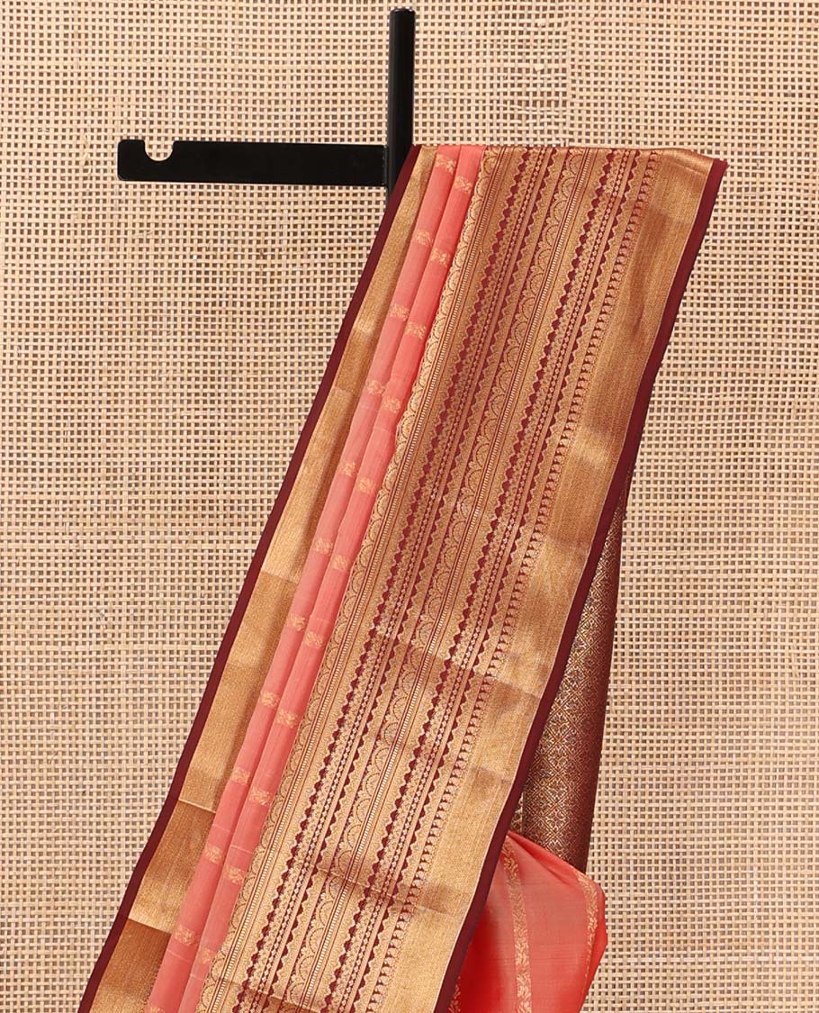 Peach zari stripes Vasundhara silk mix saree, contrast traditional scallop zari border, and jaal pallu