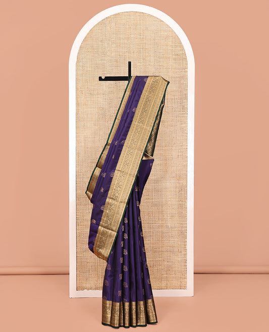 Blue Vasundhara Lite Silk Mix Saree, Ornamented With Mayil and Elephant Buttas All Over Its Body, Complemented by Contrast Border of Mayil, Yaanai, and Manga Designs, Grand Jaal Pallu and Paired with a Contrast Blouse