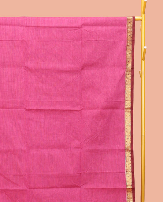 Pink Plain Chettinad Cotton Saree, Complemented by a Contrast Traditional Zari Design Border, Pallu of Stripes, and Paired with a Matching Blouse
