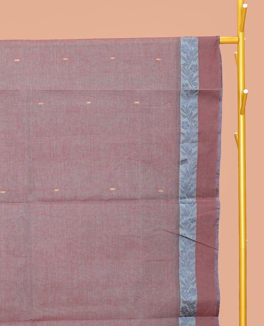 Brown Bengal Cotton Saree, Woven with Buttas, a Floral Creeper Border, a Pallu of Stripes and Buttas, and a Matching Blouse