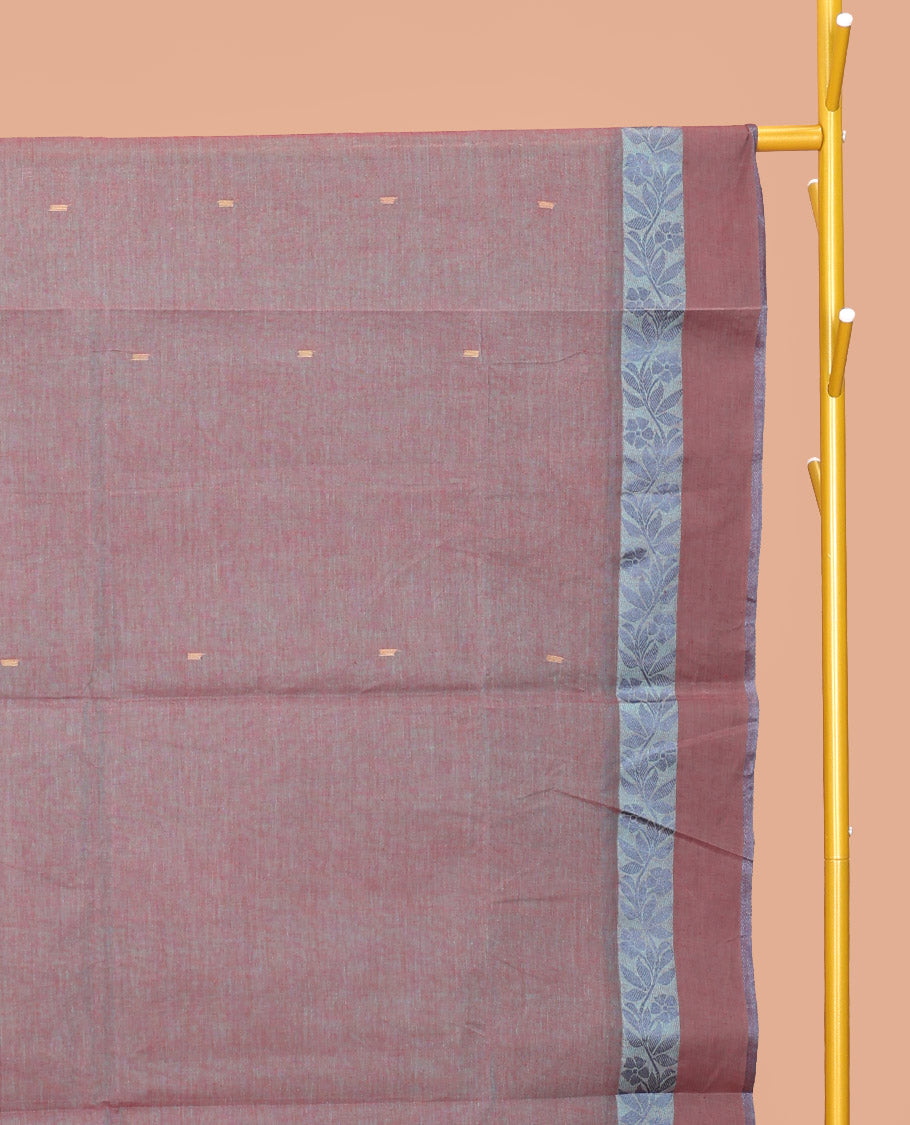 Brown Bengal Cotton Saree, Woven with Buttas, a Floral Creeper Border, a Pallu of Stripes and Buttas, and a Matching Blouse