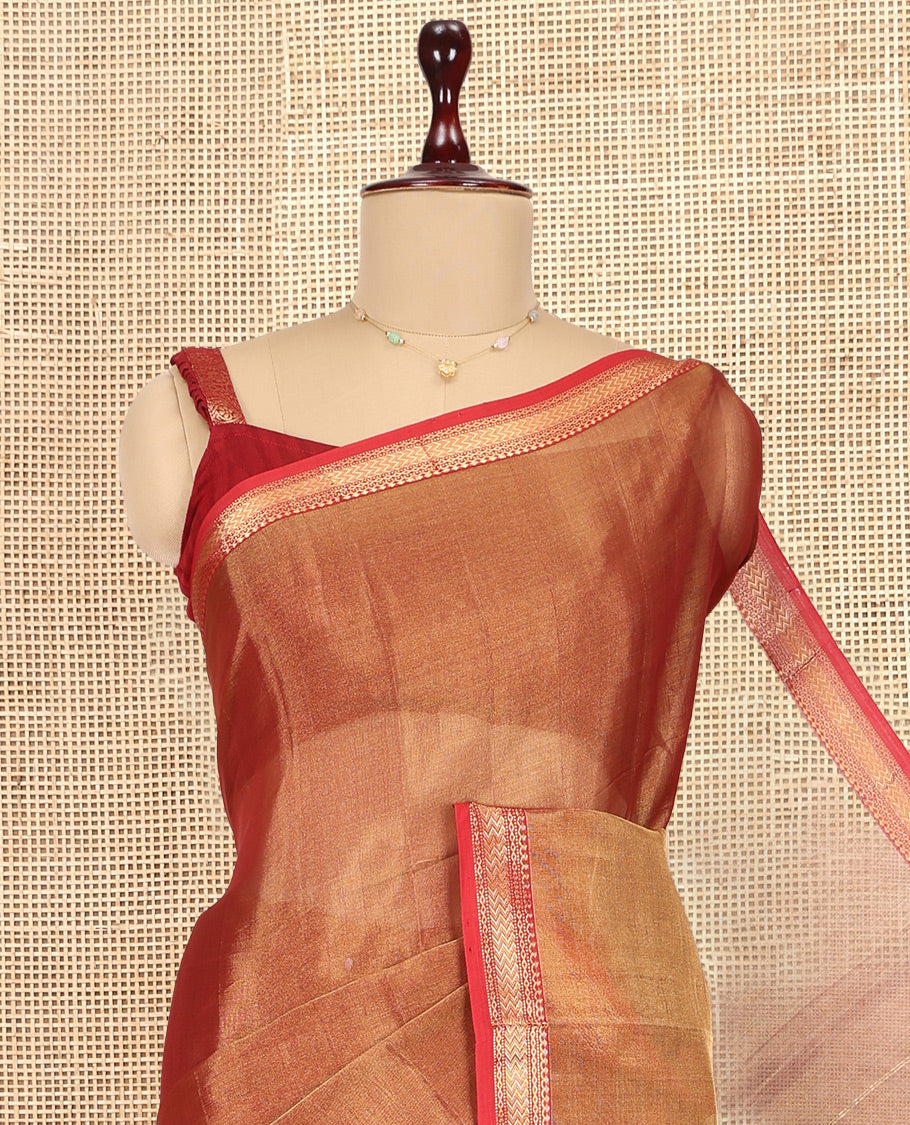 Gleaming Rust Plain Tissue-Weave Maheshwari Cotton Saree