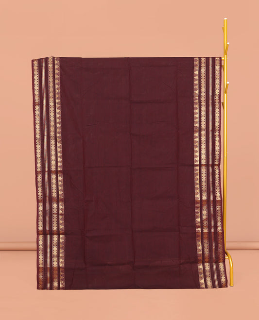 Maroon Plain Chettinad Cotton Saree, Highlighted by Temple Varisai Pettu Traditional Border, Striped Pallu, and a Matching Blouse