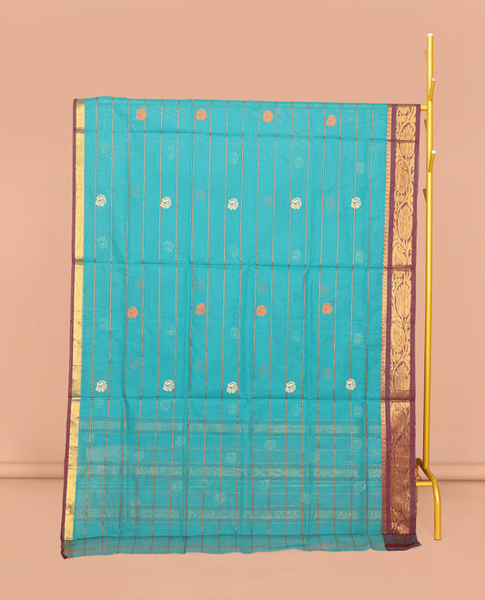 Blue Venkatagiri Cotton Saree, Embellished with Peacock Buttas and Stripes, a Contrast Floral Creeper  Zari Border, Pallu of Buttas and Stripes, and No Blouse