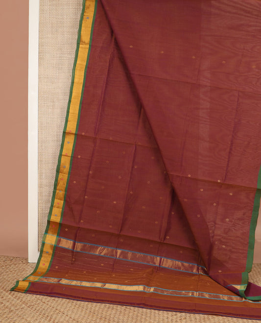 Brown zari buttas Venkatagiri cotton saree, contrast meena buttas border & zari striped pallu