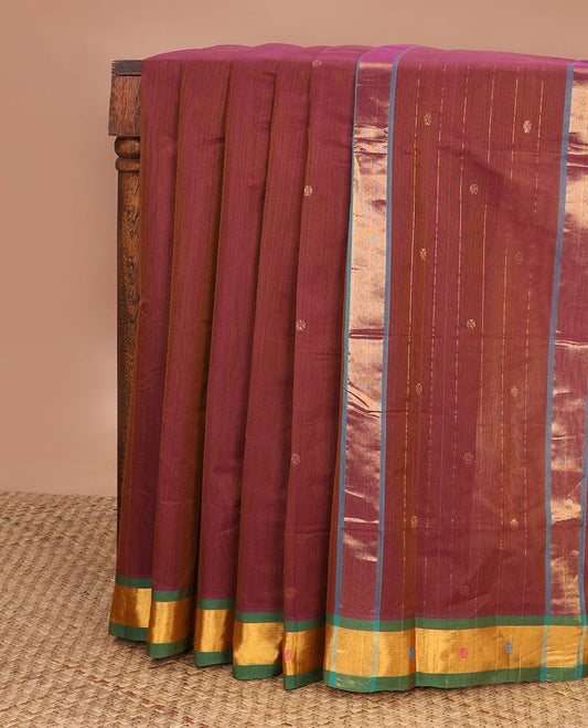 Brown zari buttas Venkatagiri cotton saree, contrast meena buttas border & zari striped pallu