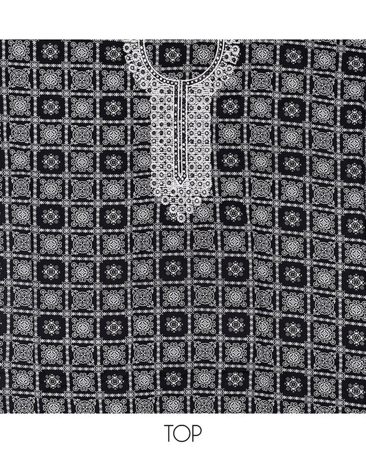 Black Material Chudidar Set, Elevated with Intricately Printed and Neck Embroidery  Rayon Top, a Contrast Polka Dot Printed Bottom, and Paired with Embroidered Chiffon Dupatta