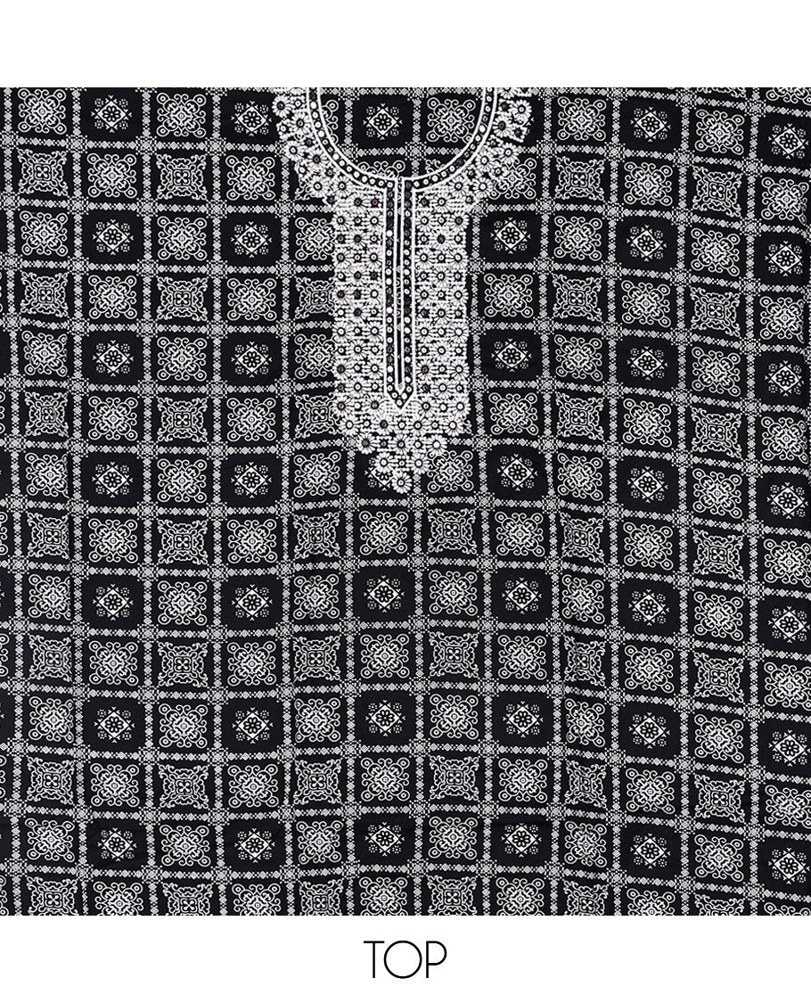Black Material Chudidar Set, Elevated with Intricately Printed and Neck Embroidery  Rayon Top, a Contrast Polka Dot Printed Bottom, and Paired with Embroidered Chiffon Dupatta