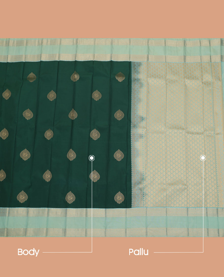 Green Budget Silk Saree, Adorned with Zari Buttas All Over Its Body, Complemented by a Contrast Traditional Zari Design Border, Grand Pallu, and Paired with a Contrast Blouse