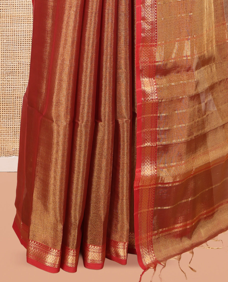 Gleaming Rust Plain Tissue-Weave Maheshwari Cotton Saree