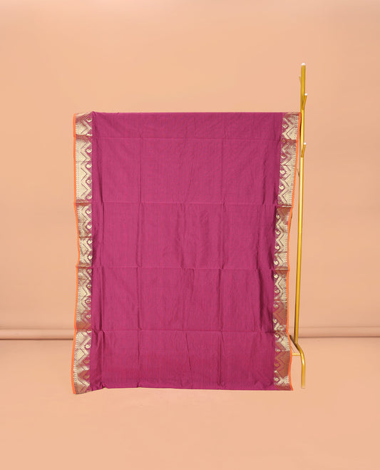 Purple Plain Poly Cotton Saree, Complemented by Contrast Traditional Zari Design Border, Pallu of Stripes, and Paired with a Contrast Blouse