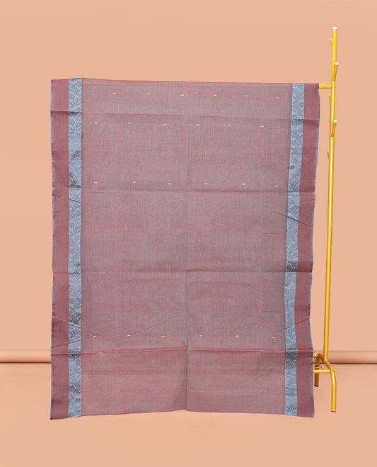 Brown Bengal Cotton Saree, Woven with Buttas, a Floral Creeper Border, a Pallu of Stripes and Buttas, and a Matching Blouse