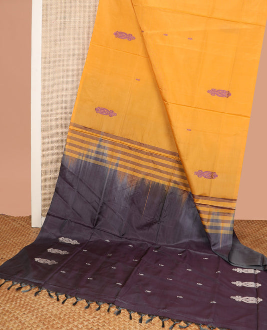 Borderless Yellow Banana Pith Saree, Vibrantly Designed with Buttas All Over Its Body, Complemented by a Contrast Pallu of Buttas, and Paired with a Contrast Blouse