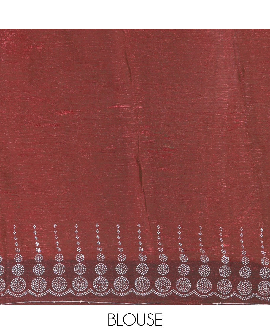 Wine Fendi Chiffon Saree Sparkled With Glittering Swarovski Stones Struck All Over Its Body, Complemented With Scallop Swarovski Stone Work Border, Swarovski Stone Work Pallu, And A Matching Swarovski Stone Work Blouse