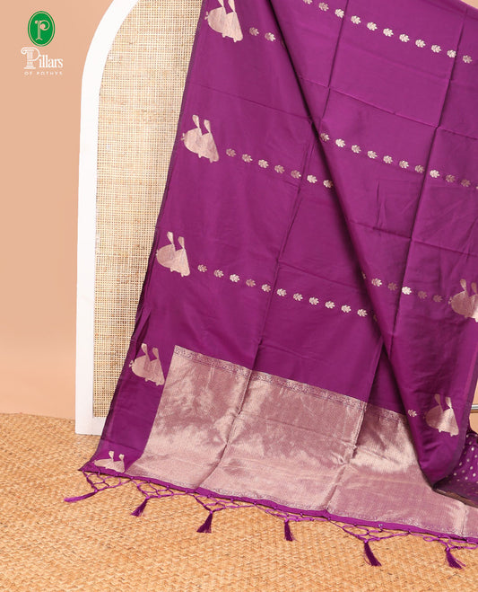 Purple zari butta design soft silk saree with bird zari design border & rich pallu along with butta design blouse