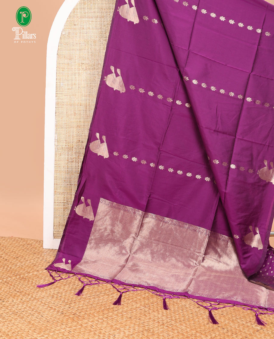 Purple zari butta design soft silk saree with bird zari design border & rich pallu along with butta design blouse