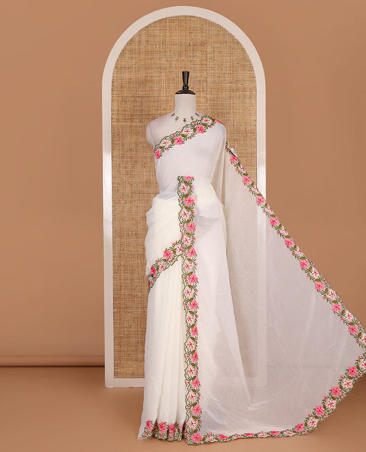 Half- white full-plain crunchy crushed saree, scallop floral creeper thread embroidered border, and floral embroidered matching blouse