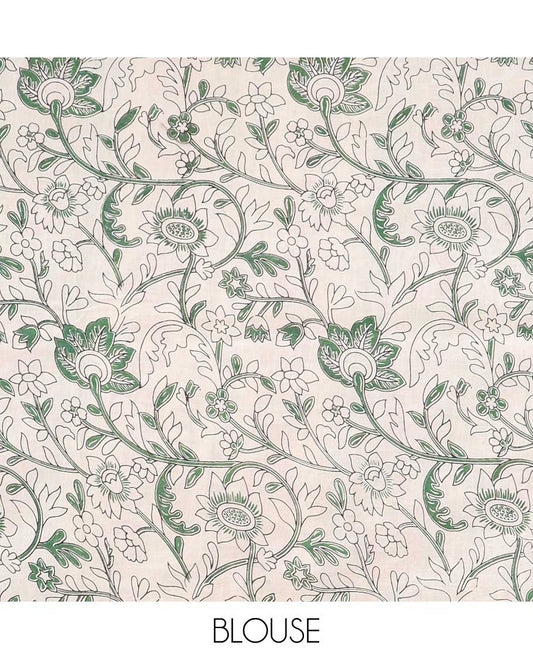 Green floral machine-printed kalamkari cotton saree, contrast temple & chevron border & intricate pallu