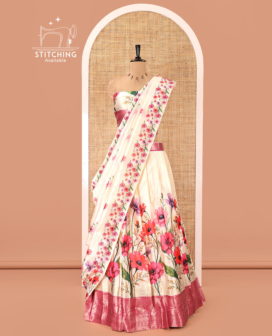 Cream-Rani Pink Semi-Silk Half-Saree, Features Floral Printed Skirt, Traditional Zari Border, a Matching Blouse, and a Floral Printed Semi-Silk Dhavani