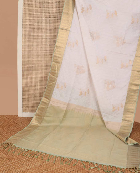 White striped, motifs soft silk saree with contrast striped border & floral design pallu