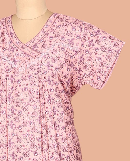 Pink V Neck Cotton-Blended Nighty