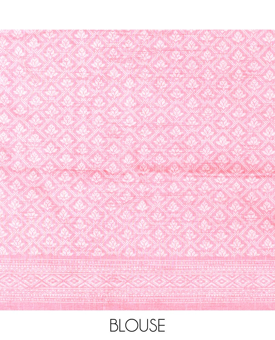 Grey and Pink Semi-Tussar Saree Embellished with Vertical Stripes Printed Across the Body, Featuring a Contrast Paisley Motif Printed Border, an Intricately Designed Pallu of Jaal Design, and Paired with a Contrast Blouse