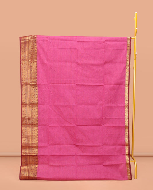 Pink Plain Chettinad Cotton Saree, Complemented by a Contrast Traditional Zari Design Border, Pallu of Stripes, and Paired with a Matching Blouse