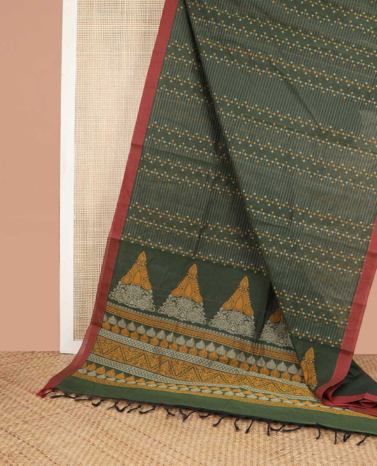 Dark green geometric design coimbatore cotton saree with contrast border & floral design pallu