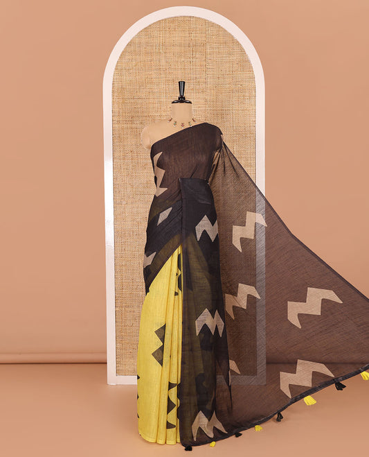 Borderless black-yellow zig-zag stripes half-and-half style printed linen cotton saree with a matching printed blouse