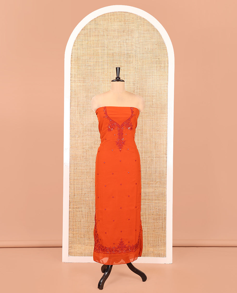 Rust-Red Georgette Material Chudidar Set, Features Thread and Mirror Work Top, a Plain Santoon Bottom, and an Embroidered Georgette Dupatta