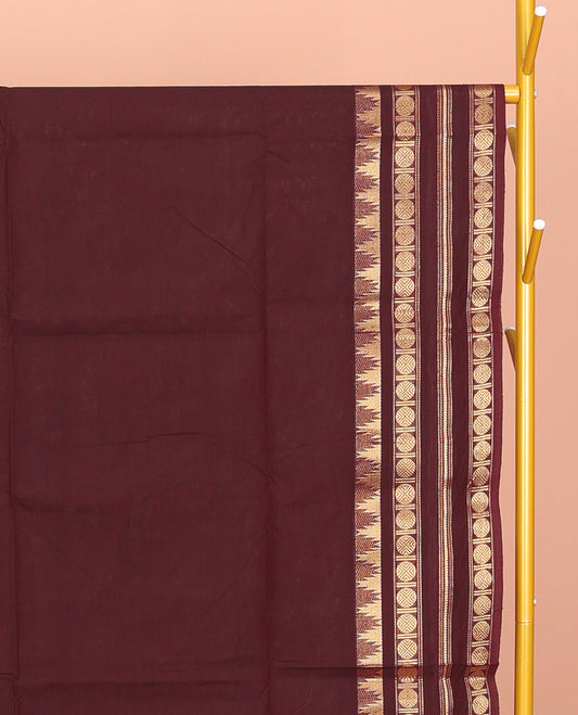 Maroon Plain Chettinad Cotton Saree, Highlighted by Temple Varisai Pettu Traditional Border, Striped Pallu, and a Matching Blouse