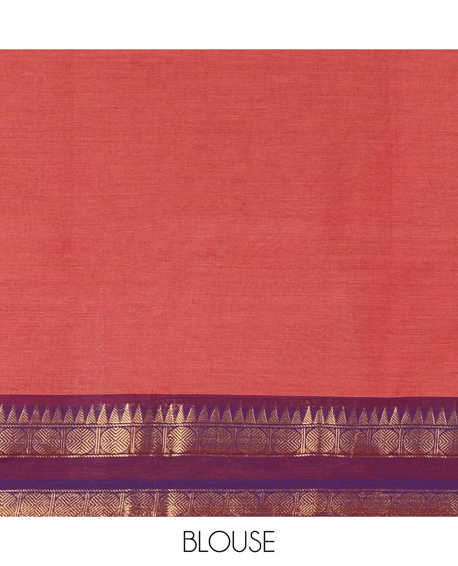 Dusky Pink Plain Chettinad Cotton Saree, Complemented by a Contrast Ganga-Jamuna Rettai Pettu Border of Temple and Rudraksham Designs, Subtly Striped Pallu, and Paired with a Matching Blouse