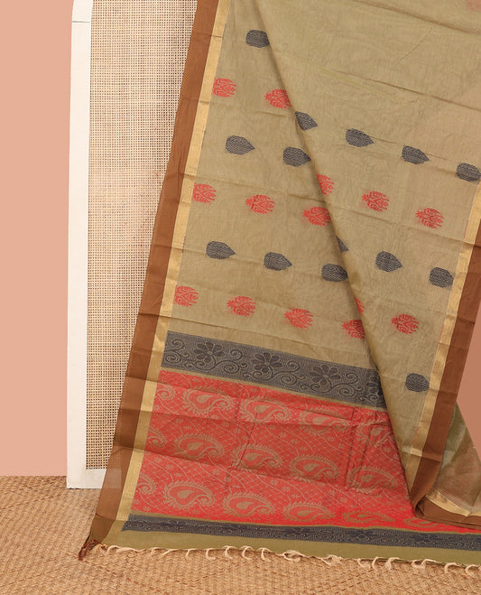 Beige Kanchi Cotton Saree, Accentuated with Paisley Buttas All Over Its Body, Complemented by Contrast Border, Pallu Adorned with Floral and Paisley Designs, and Paired with a Matching Blouse