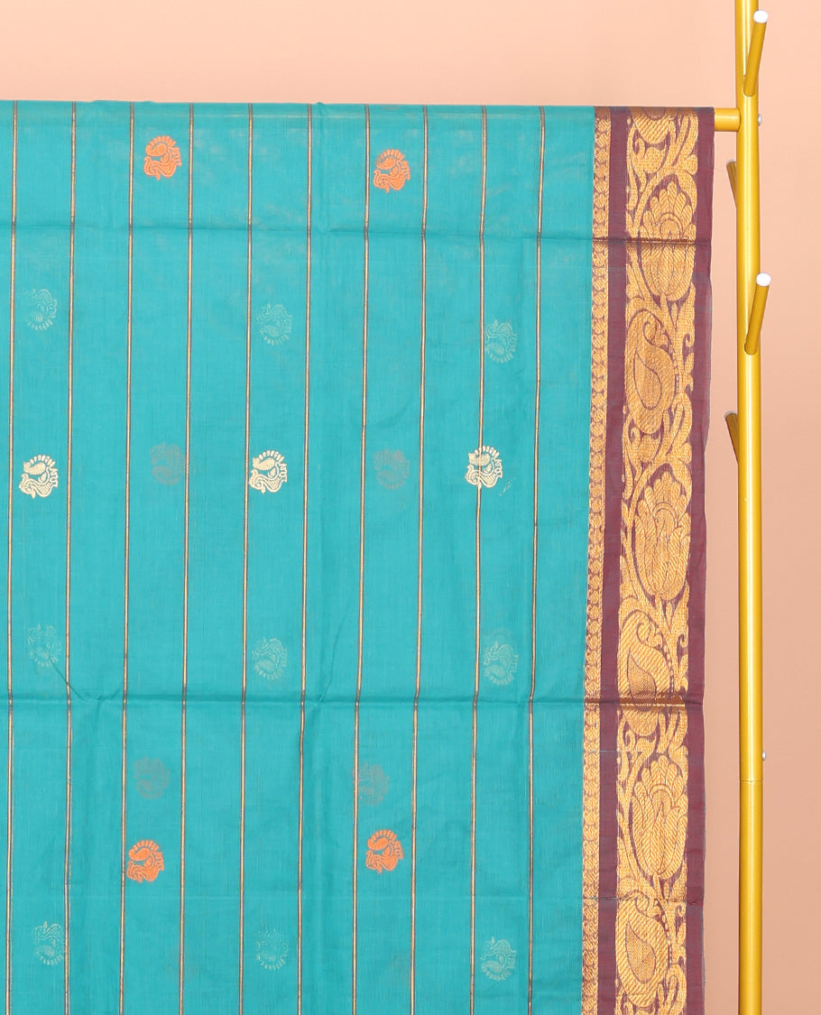 Blue Venkatagiri Cotton Saree, Embellished with Peacock Buttas and Stripes, a Contrast Floral Creeper  Zari Border, Pallu of Buttas and Stripes, and No Blouse