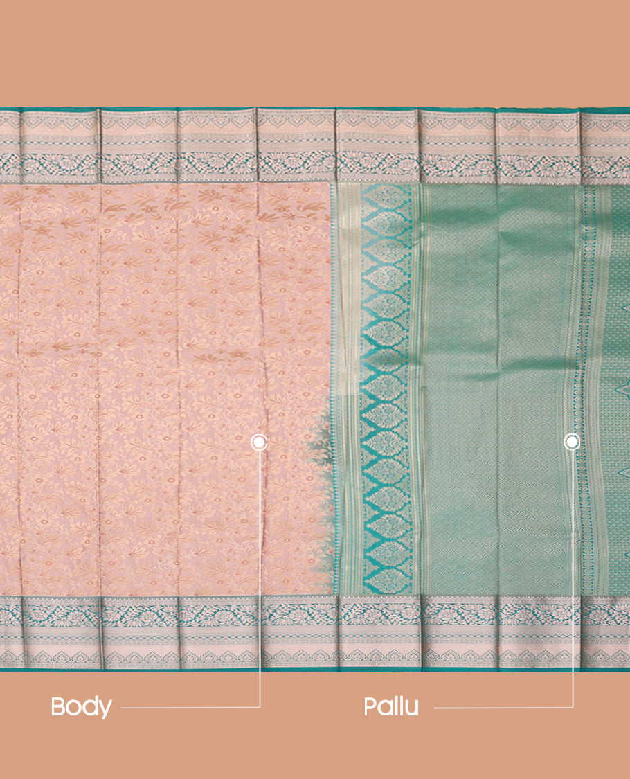 Pale Pink Budget Silk Saree, Enriched with Zari Buttas, Complemented by Contrast Traditional Zari Border, a Grand Jaal Pallu and a Contrast Blouse