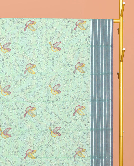 Sea Green Chirala Cotton Saree, Accentuated with Floral-Bird Print, a Contrast Border, Printed Pallu, and a Matching Blouse