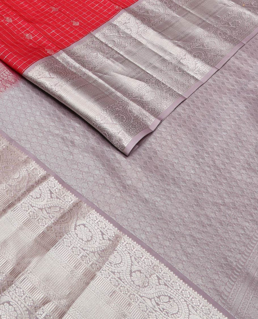 Red zari checks & buttas silk saree, contrast jaal pallu & zari border of rekku,dhavana kodi,rettai neli & kuyil kann