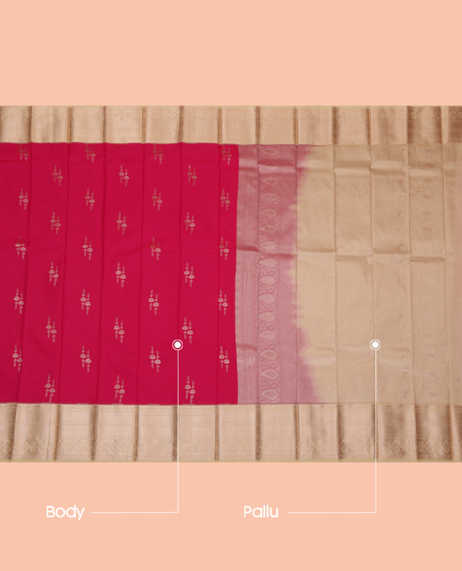 Pink Budget Silk Saree, Detailed with Zari Buttas, Complemented by a Contrast Traditional Zari Border, Grand Pallu, and a Contrast Blouse