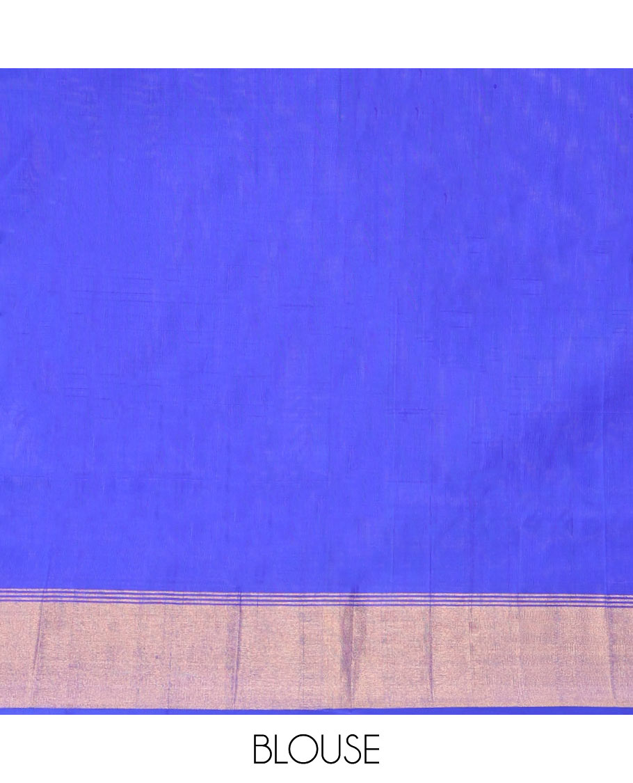 Blue Uppada Silk Saree, Embellished with Zari Buttas on Its Body, Complemented by Contrast Border, Pallu Steeped with Floral Zari Buttas, and Paired with a Contrast Blouse