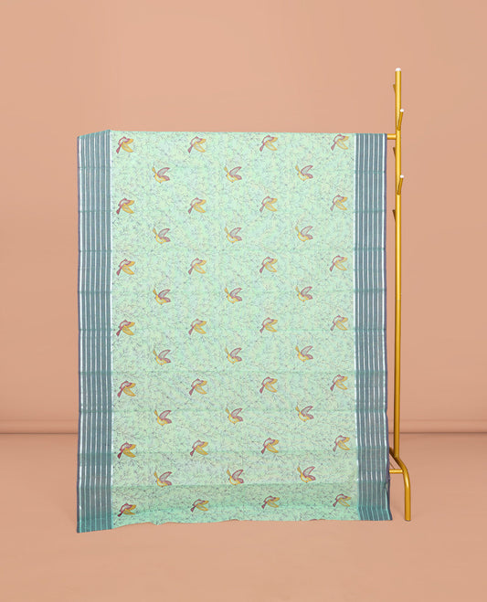 Sea Green Chirala Cotton Saree, Accentuated with Floral-Bird Print, a Contrast Border, Printed Pallu, and a Matching Blouse