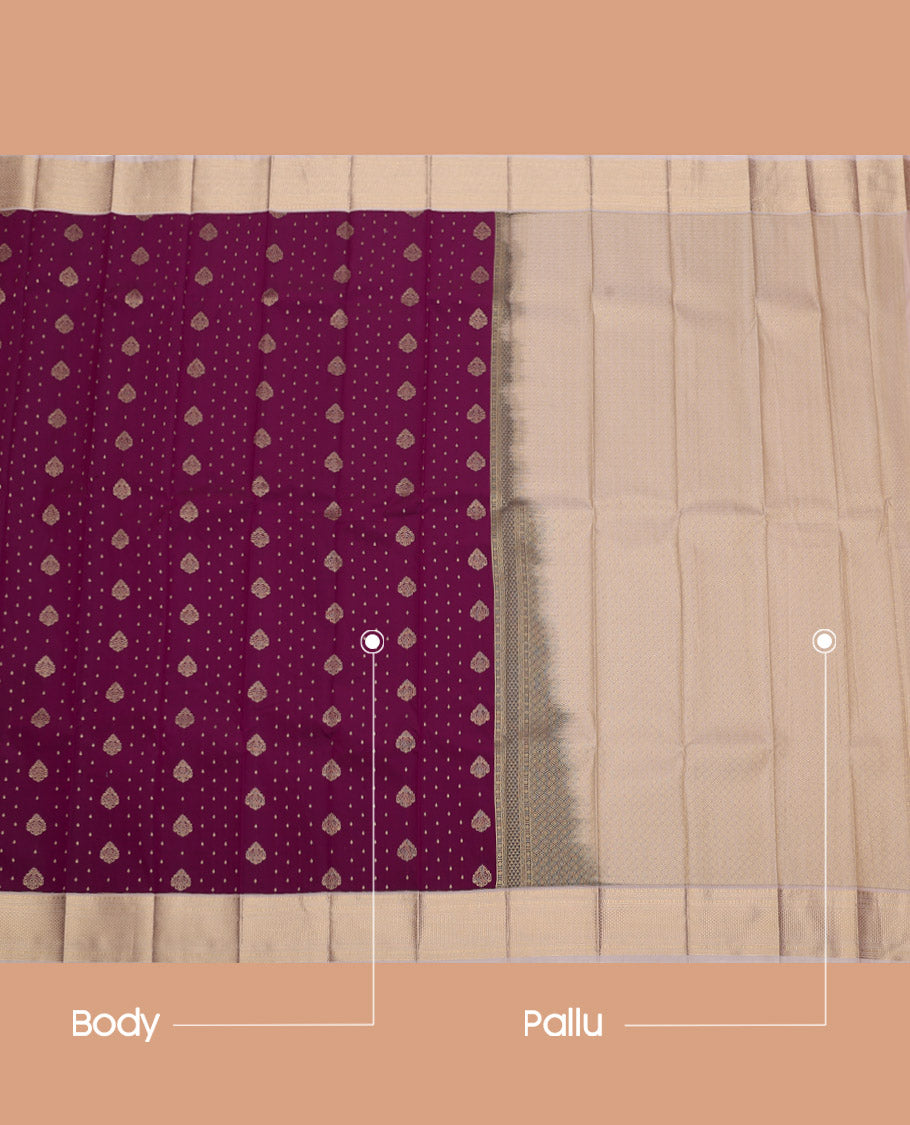 Purple Budget Silk Saree, Decked Up with Zari Buttas, Complemented by a Contrast Traditional Zari Border, Grand Pallu, and Contrast Blouse