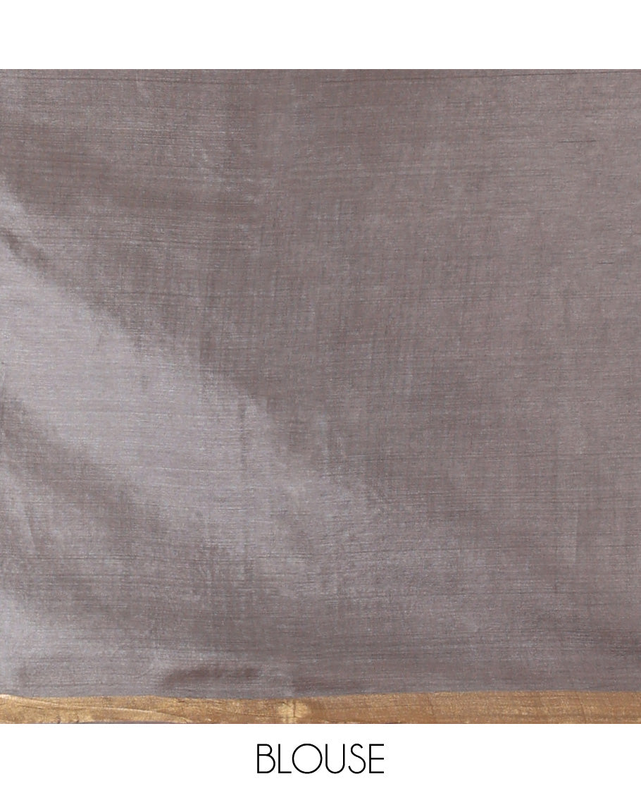 Grey Tussar Saree, Showcasing Floral Buttas, a Subtle Zari Border, Pallu of Polka Dot and Floral Designs, and a Matching Blouse