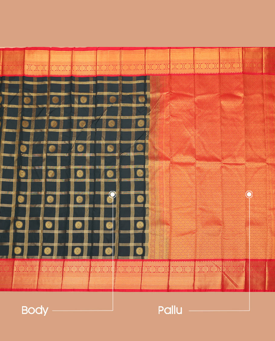 Black Budget Silk Saree, Decorated with Zari Butta Enclosed Checks on Its Body, Complemented by a Contrast Traditional Zari Design Border, Grand Jaal Pallu, and Paired with a Contrast Blouse
