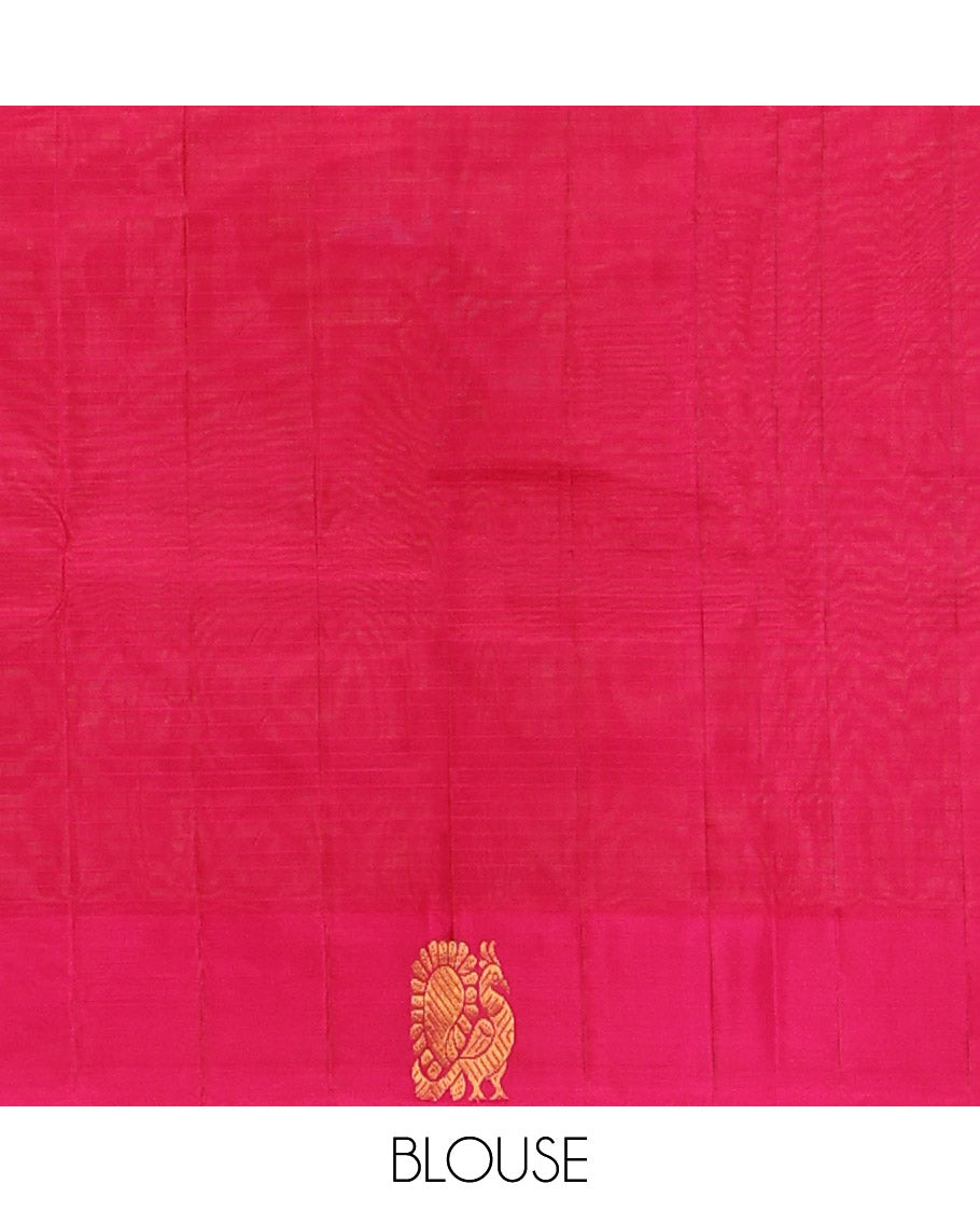 Orange Kanchipuram Silk Saree Prettified with Vazhaipoo Stripes and Zari Buttas, Complemented by Contrast Border Featuring Mayil Motifs, Sparsely Zari Woven Pallu, and Paired with a Contrast Blouse