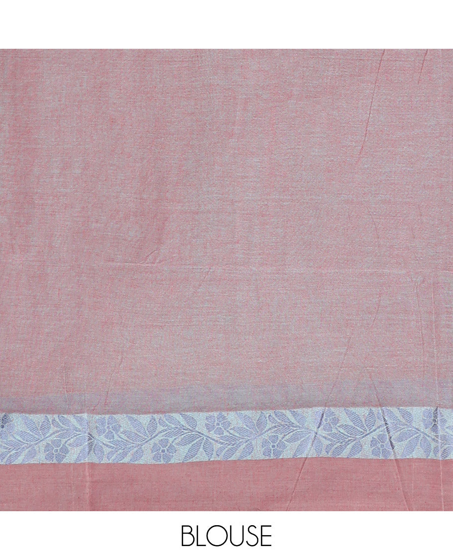 Brown Bengal Cotton Saree, Woven with Buttas, a Floral Creeper Border, a Pallu of Stripes and Buttas, and a Matching Blouse