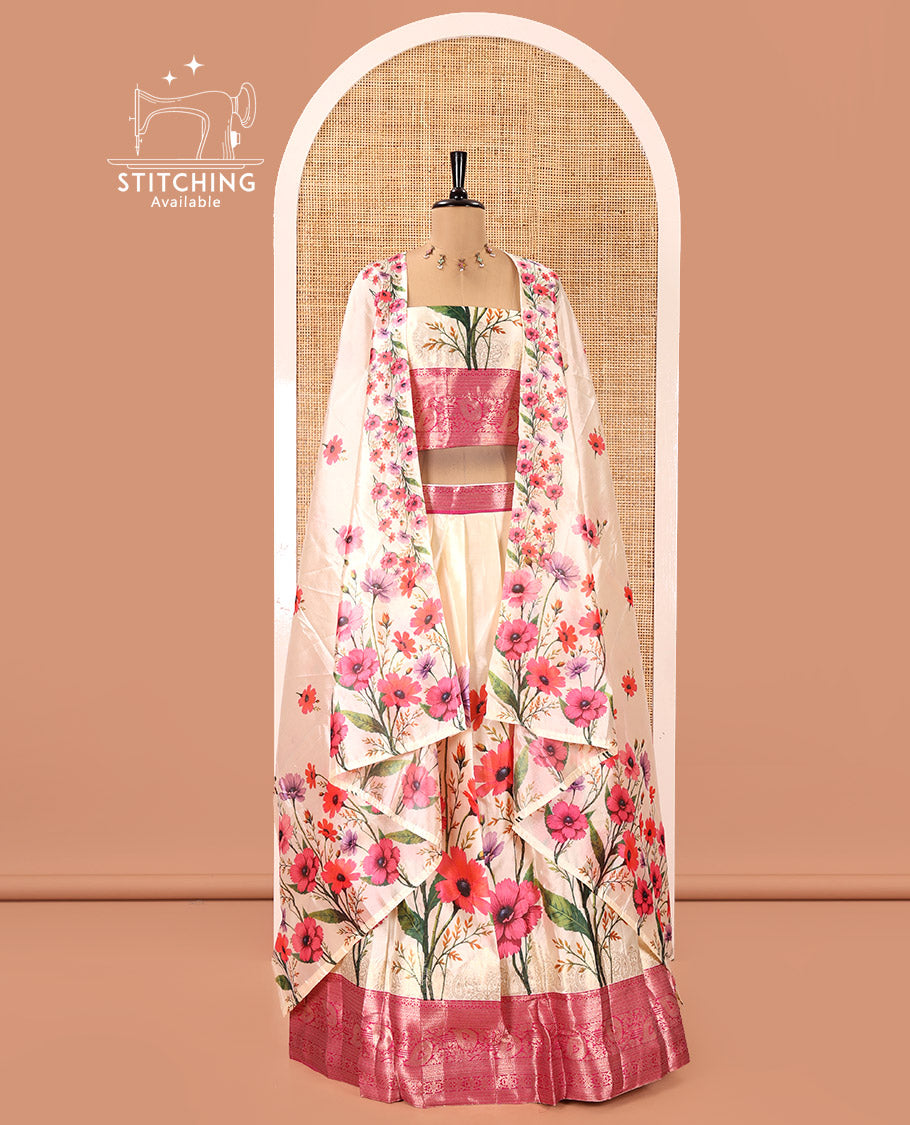 Cream-Rani Pink Semi-Silk Half-Saree, Features Floral Printed Skirt, Traditional Zari Border, a Matching Blouse, and a Floral Printed Semi-Silk Dhavani