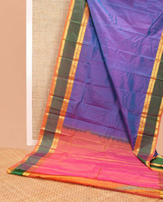 Violet striped kancheepuram silk saree with contrast intricate rettai pettu zari design border & striped pallu