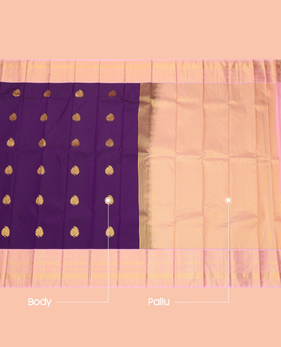 Violet Budget Silk Saree, Detailed with Zari Buttas, Contrast Traditional Zari Border, Grand Pallu, and a Contrast Blouse
