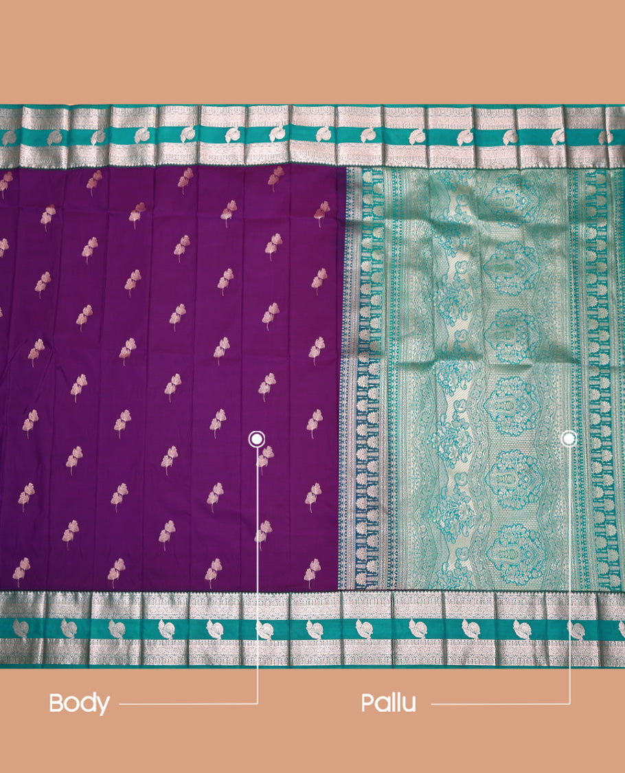 Violet Budget Silk Saree, Crafted with Zari Buttas, Complemented by Contrast Traditional Zari Border, Grand Pallu, and a Contrast Blouse